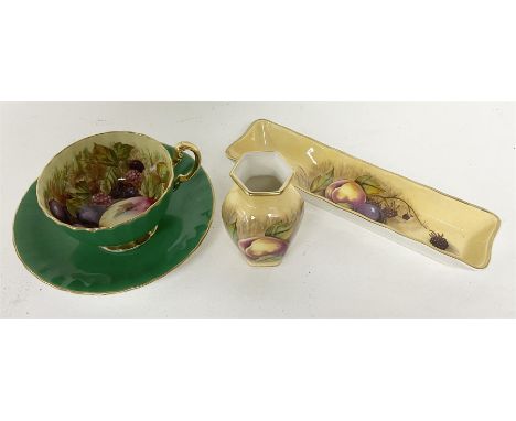 Collection of Aynsley Orchard Gold pattern items, comprising cup and saucer, rectangular trinket dish and miniature vase