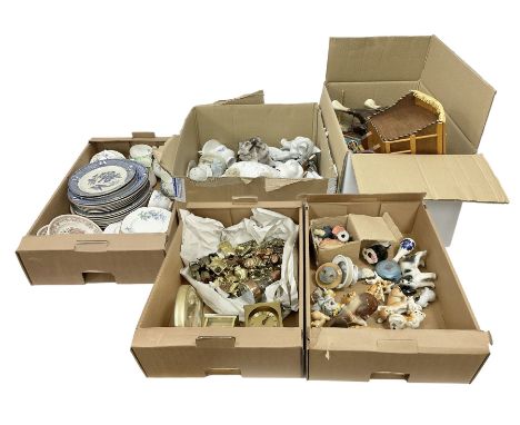 Quantity of brass and copper miniatures, ceramic Shire horse figure and cart, various ceramics, three clocks, animal figures 