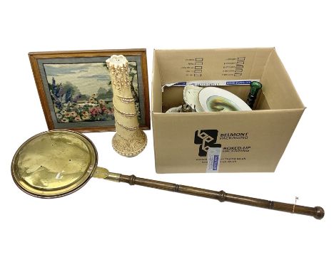 Asiatic pheasant oval meat charger, together with two other meat platters, glass oil lamp, plates, bed warmer, etc 