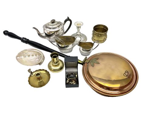 Viners silver plate candlestick, mother of pearl abalone shell, three piece silver plated tea service, brassware, bed pan, wa