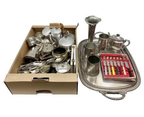 Collection of silver plate to include teapots, coffee pots, milk jug, sucrier, serving spoons, etc, together with pewter tank