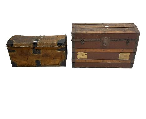 Victorian dome top travelling trunk, leather bound with stud-work and iron fittings, 'Francis Thomas Sadler' label inside; to