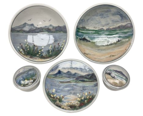 Highland Stoneware Scotland, decorated with landscapes and seascapes, comprising of two bowls, plate and two covered trinket 