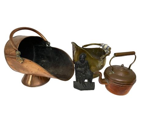 Copper coal scuttle, together with a brass example with lion masks and ceramic handles, iron doorstop, kettle, and framed sil