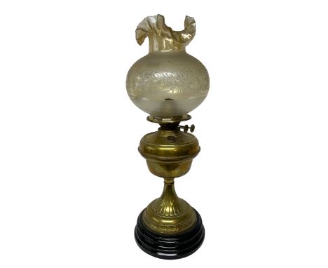 Brass oil lamp with frilled glass shade, H56cm