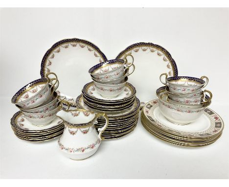 Six Royal Crown Derby Imari 'Derby Border' pattern plates, together with Aynsley part tea service, to include tea cups and sa