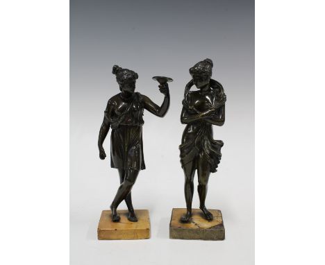 Two bronze figures, emblematic of the seasons, on square hardstone bases, 10 x 23cm (2) 