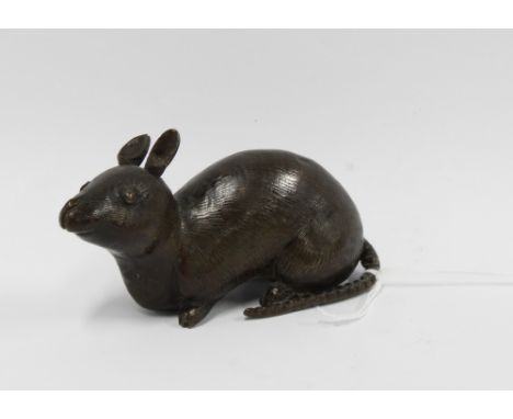 Bronze figure of a rat, likely Japanese, with a textured finish, 11cm long 