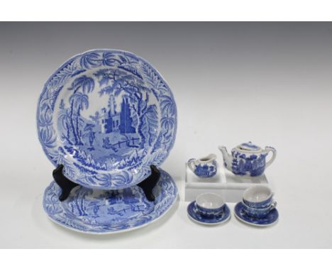 Two Staffordshire blue and white transfer printed plates, 26cm diameter, and a miniature willow pattern teaset 