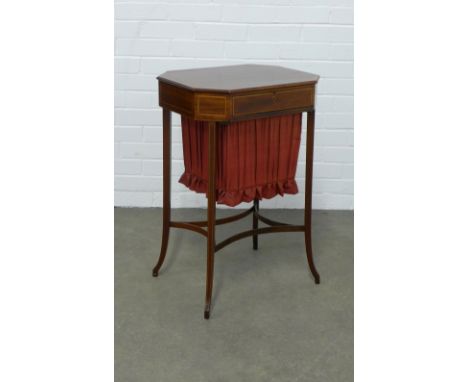 Edwardian mahogany sewing table with inlaid stringing, fabric work bag, 50 x 74 x 39cm. 