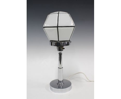 Art Deco chrome table lamp with an hexagonal white and black glass shade, 38cm including shade 