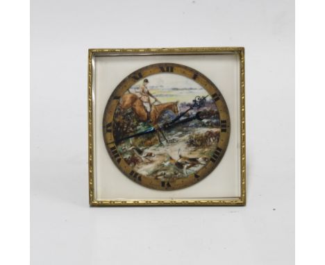 Early 20th century Hunting Scene, painted ivorine clock, in a gilt metal case, Swiss 8days, the easel back with clovers, 10 x
