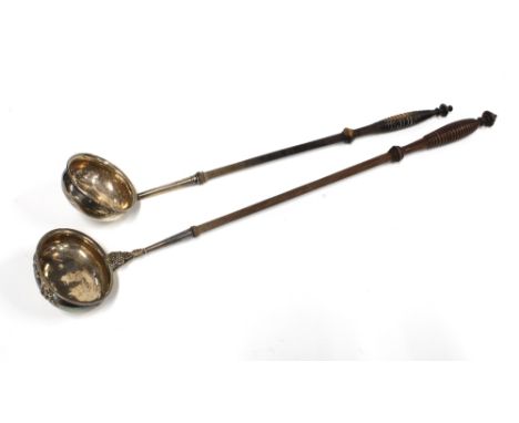 Georgian silver toddy ladle, Glasgow 1829, with fruitwood handle, 46cm long together with another toddy ladle with George II 