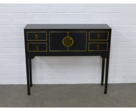 Contemporary black lacquered console table, chinoiserie style, with cupboards and drawers,   100 x 86 x 16cm. 