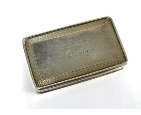 George IV silver gilt snuff box, Nathaniel Mills, Birmingham 1830, with engine turned decoration and presentation inscription