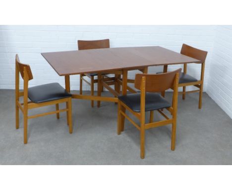 Retro vintage teak drop leaf dining table and set of four chairs, 153 x 72 x 82cm. (5) 