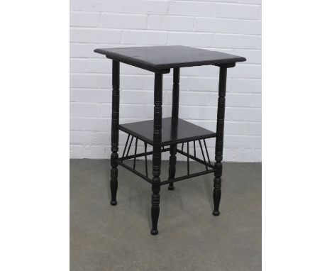 An Aesthetic Movement ebonised wood table in the manner of E W Godwin, with square top and thebes type turned legs and undert