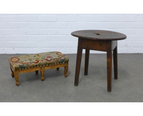 Vernacular stool / side table with an oval top and hand hole to centre, together with fruitwood footstool with cabriole legs 