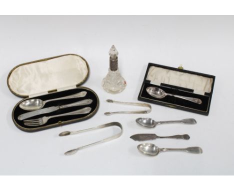 Silver knife, fork and spoon cased set, Sheffield 1927,  cut glass scent bottle with silver collar, silver sugar tongs and mi