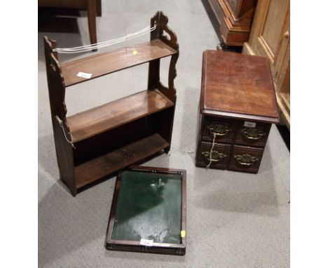 A three-tier wall shelf, a nest of four Victorian drawers and a rectangular wooden tray with Chinese fret design gallery, 13"