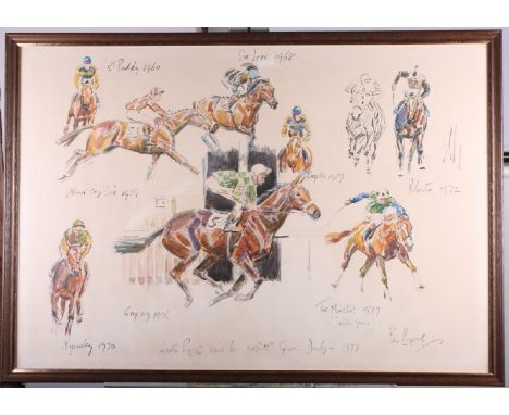 Peter Biegel: signed limited edition print, "Lester Piggott wins his eighth Epsom Derby 1977", in strip frame