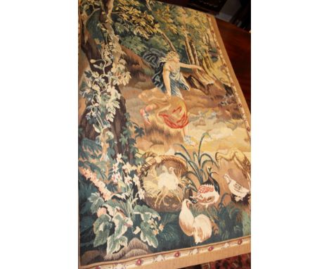 A pair of unframed tapestry panels depicting classical ladies dancing in a wooded landscape, 72" x 30"