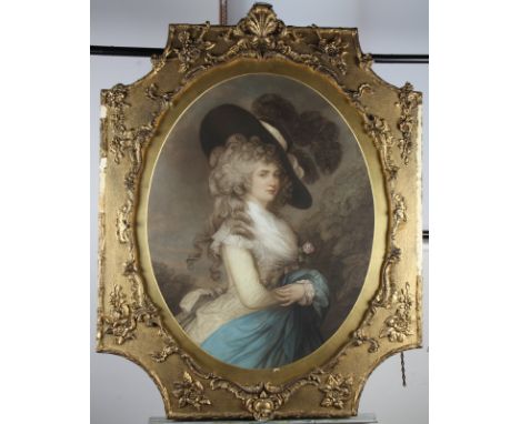 A hand-coloured mezzotint after Gainsborough, Georgiana Duchess of Devonshire in a large hat holding a rose, in oval gilt mou