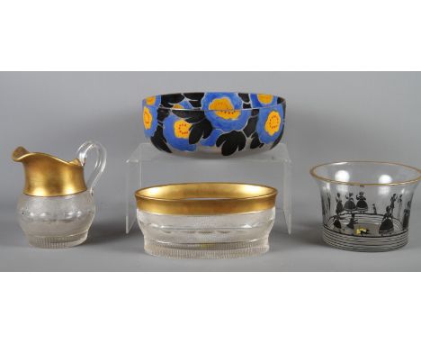 A crystal jug and basin with gilded decoration in the manner of Moser, a glass bowl with silhouette decoration and one other 