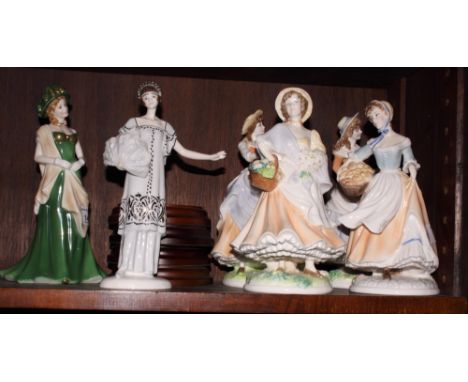 Six Royal Worcester china figures, "Goose Girl", "Moonlight Cascade", "Baker's Wife", "Market Day", "Fruit Picking" and "Gran
