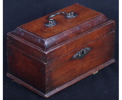 A George II mahogany three-compartment tea caddy with brass carrying handle, 8 3/4" wide