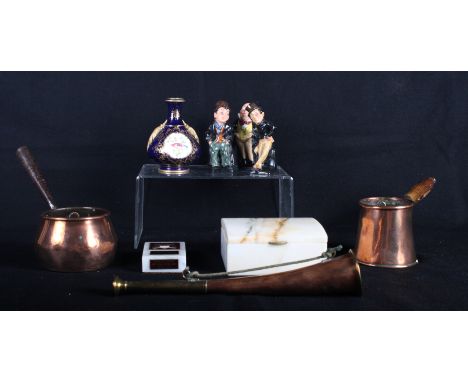 A Coalport vase, three Doulton figures, an alabaster cigarette box, two wooden handled copper jugs and a copper and brass hun