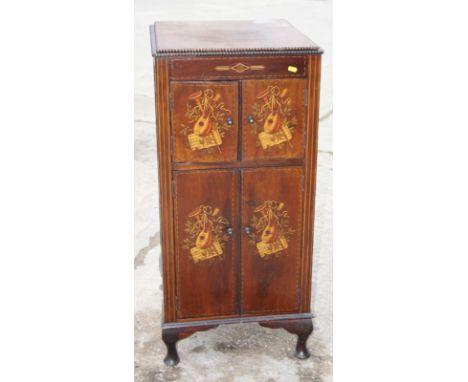 An Edwardian mahogany and inlaid record player cabinet enclosed four panelled doors, 20" wide