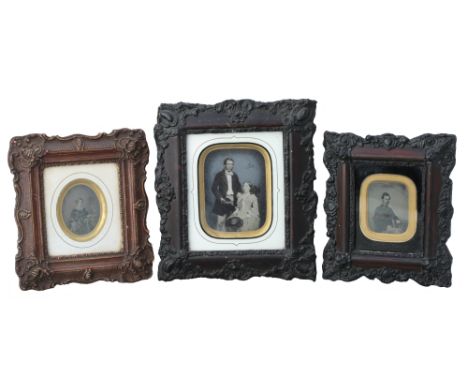 A collection of Three Framed Ambrotype Portraits,Including a 4x5 portrait of a man and woman with colouring and gold highligh