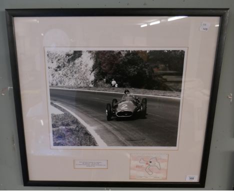 Framed L/E print together with signed Formula 1 paddock ticket - Juan Manuel Fangio - Approx image size: 40cm x 30cm 