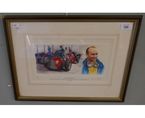 L/E print of Juan Manual Fangio signed by the artist Roland Holt - Approx image size: 27cm x 12cm 