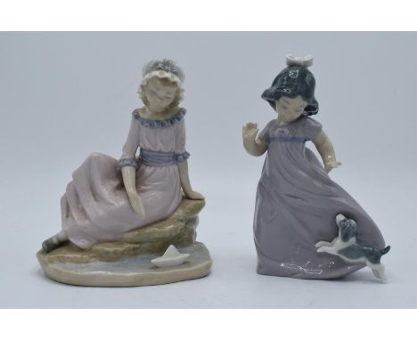 Nao by Lladro girl followed by puppy 1028 and a girl with boat (2). In good condition with no obvious damage or restoration. 