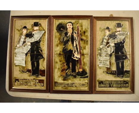 Maws and Co framed tiles to include Victorian professions such as News vendor x 2 and a Chimney Sweep (3). Crazing and surfac