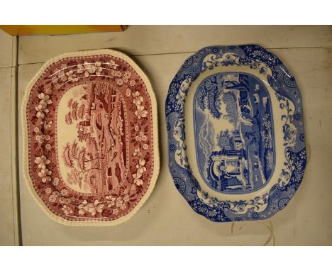 Spode meat plates to include Blue Italian pattern and Pink Tower, both seconds. In good condition with no obvious damage or r