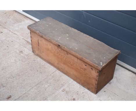 Edwardian pine chest with contents to include wood, tools, parts of toys etc. Signs of old worm. 83 x 28 x 31cm. 