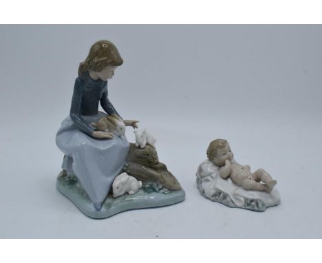 Nao by Lladro baby Jesus and girl with rabbits 1026 (2). In good condition with no obvious damage or restoration. 