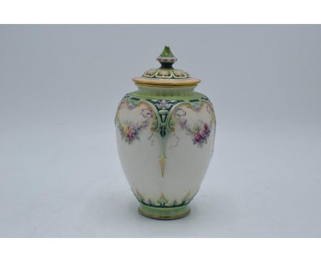 Hadley's Worcester faience lidded vase with a guilded floral decoration. In good condition with no obvious damage or restorat