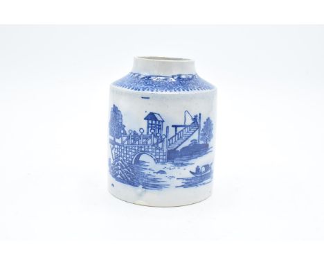 19th century blue and white cylindrical tea caddy without a lid. In good condition with no obvious damage or restoration. Chi