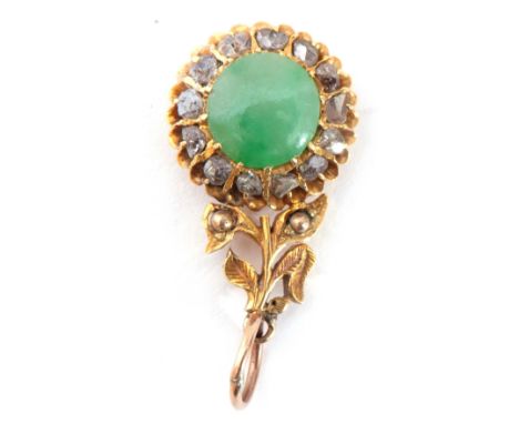 Pale jade and diamond set pendant centring a circle shaped jade stone highlighted with an old cut diamond surround in an unma