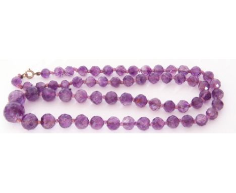 Amethyst bead necklace, a single row of graduated faceted beads, 7mm to 15mm diam