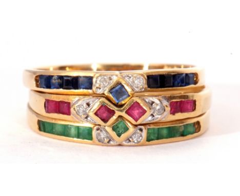 Three modern stacking rings, sapphire, ruby and emerald set, each highlighted with small diamonds, stamped 750, size O/P, g/w