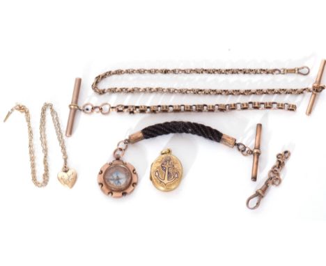 Mixed Lot: 9ct gold compass pendant on a braided hair chain, with 9ct stamped caps and T-bar (a/f), a Victorian oval hinged l
