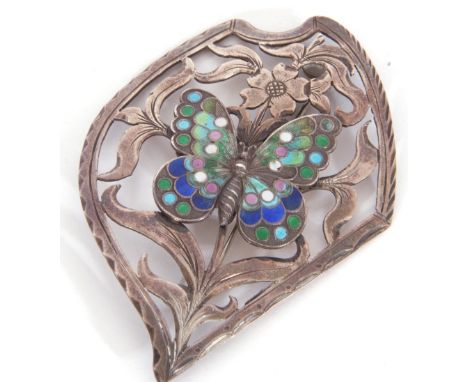 Early 20th century silver and enamelled open work large brooch, 7.5 x 5cm, the centre with a multi-coloured enamel butterfly 