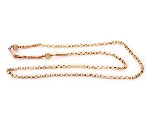 Yellow metal belcher link necklace with ball finial and trombone link design, (tests for 9ct), 3.5gms