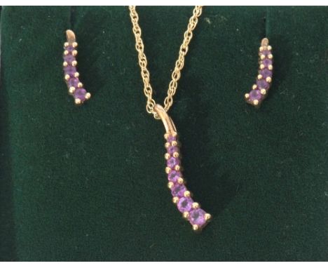 Modern 9ct gold and amethyst stylised pendant on a 9K marked chain, together with matching earrings, stamped 9K, g/w 3.4gms