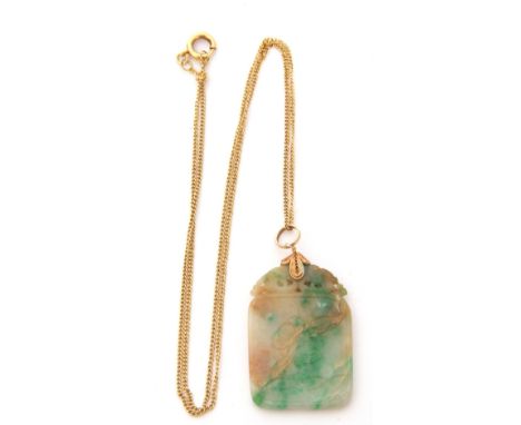 Modern jade pendant, 3 x 2cm, on a silver gilt bale, suspended from a 14K marked chain